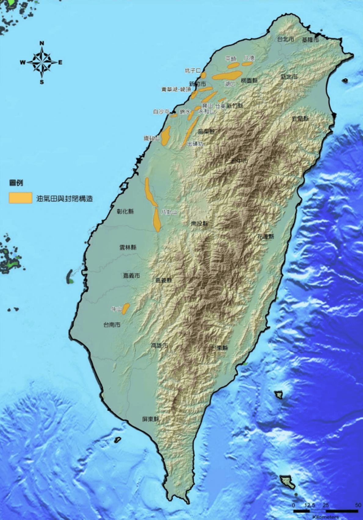 油氣田與封閉構造分布圖